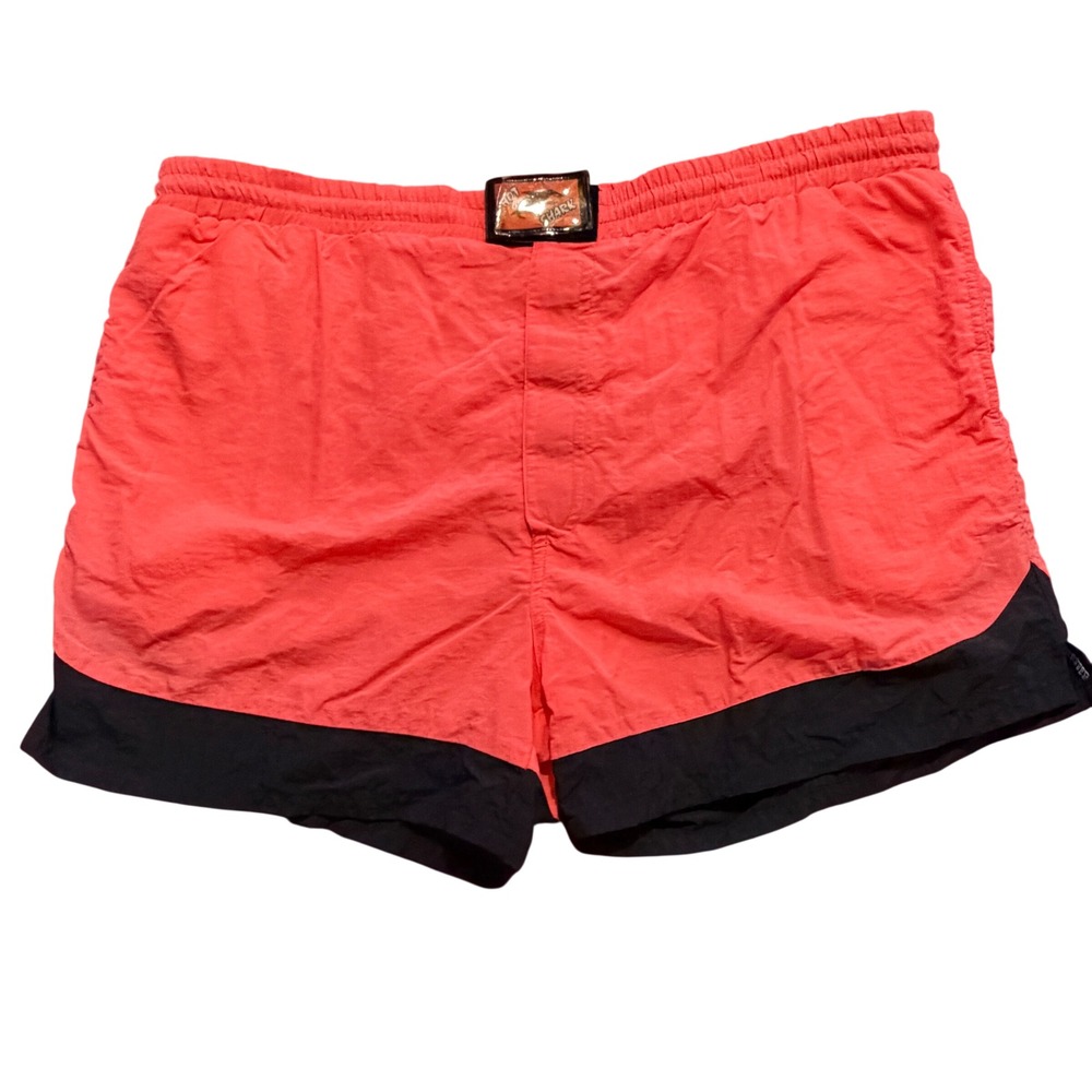 Vintage 90s Shark Neon Swim‎ Trunks Coral Nylon Surf Shorts L Retro Beach
